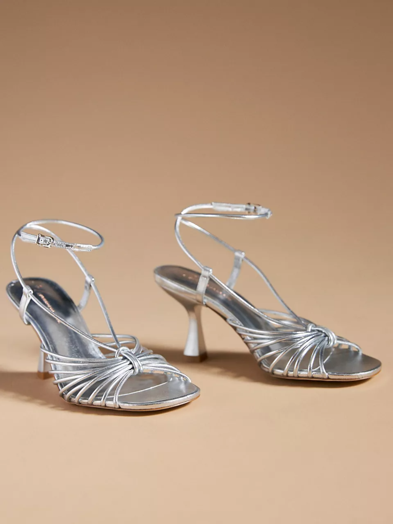 By Anthropologie silver strappy heels winter wedding guest shoes