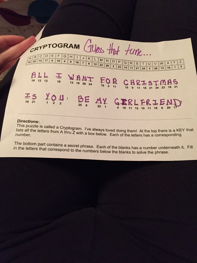 The cryptogram that Jacob used to ask Julia to be his girlfriend! 