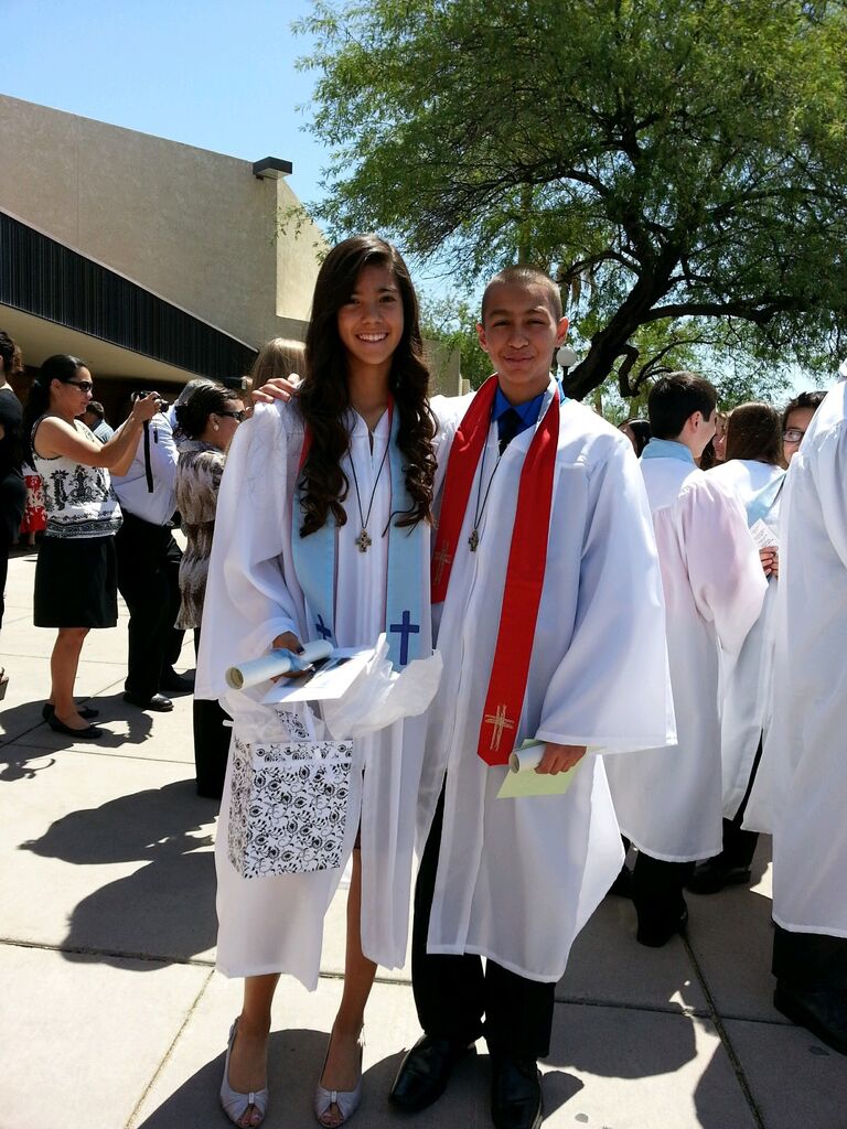 Carlos and Larissa met in 6th grade at Our Mother of Sorrows School. In 7th grade, they had the same teacher and Carlos asked Larissa to be his girlfriend after lunch just before Thanksgiving. This is their 8th grade promotion.