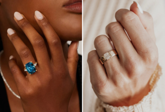 Two alternative engagement rings including a blue topaz and diamond cocktail ring and an emerald cigar band solitaire ring