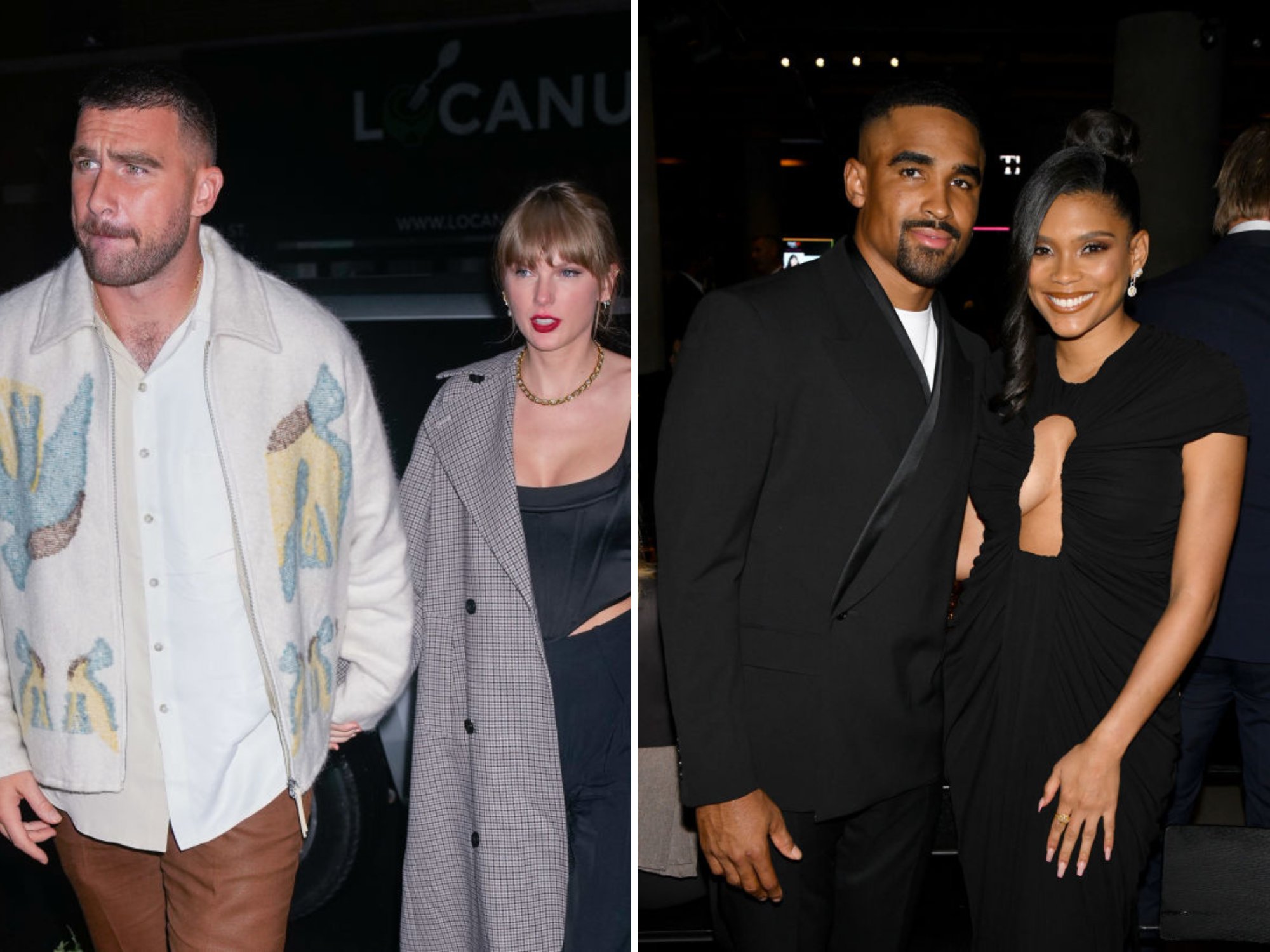 Collage of Taylor Swift and Travis Kelce and Jalen Hurts and Bry Burrows