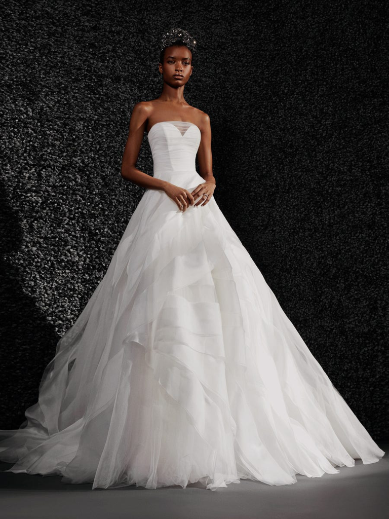 A-line strapless gown with tulle skirt and organza bodice