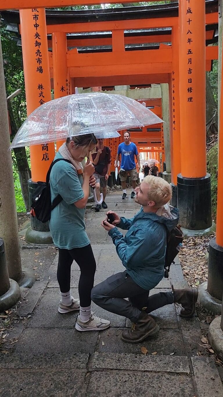 The day we will both never forget. Brandon kept the ring in his backpack for 11 days before proposing to Bre at the Fushimi Inari shrine in Kyoto. She said YES!