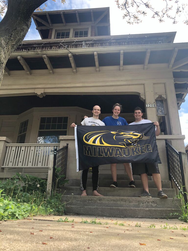 Our first home on Oakland Ave with our bestie Caleb (future groomsman)