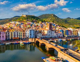 Aerial view of the beautiful village of Bosa in Sardinia, Italy.