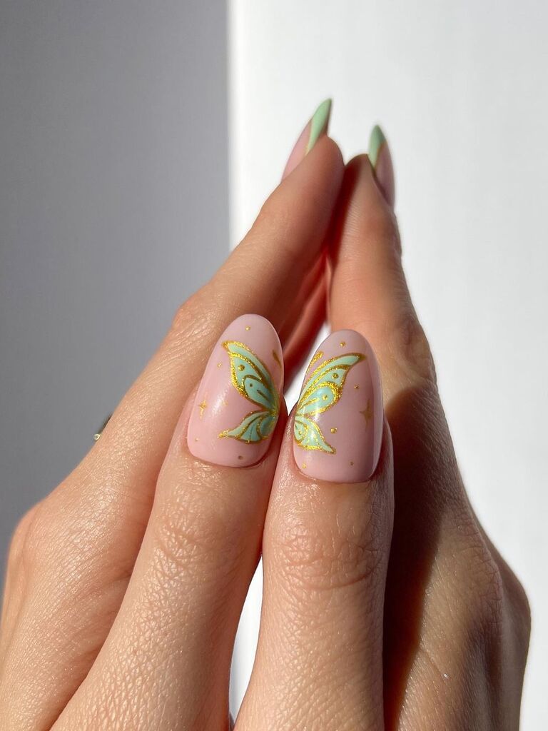 Pink, green and gold butterfly wedding nails