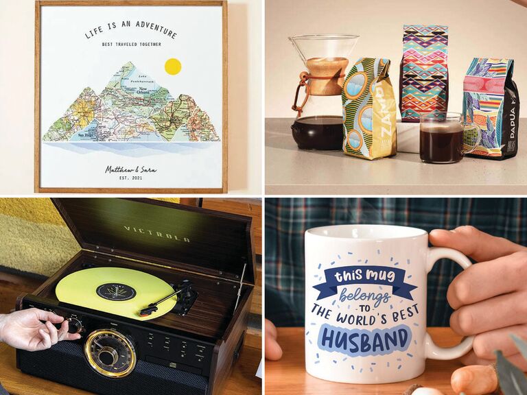 Four anniversary gifts for husbands: a framed painting, a coffee subscription, a mug, and a record player