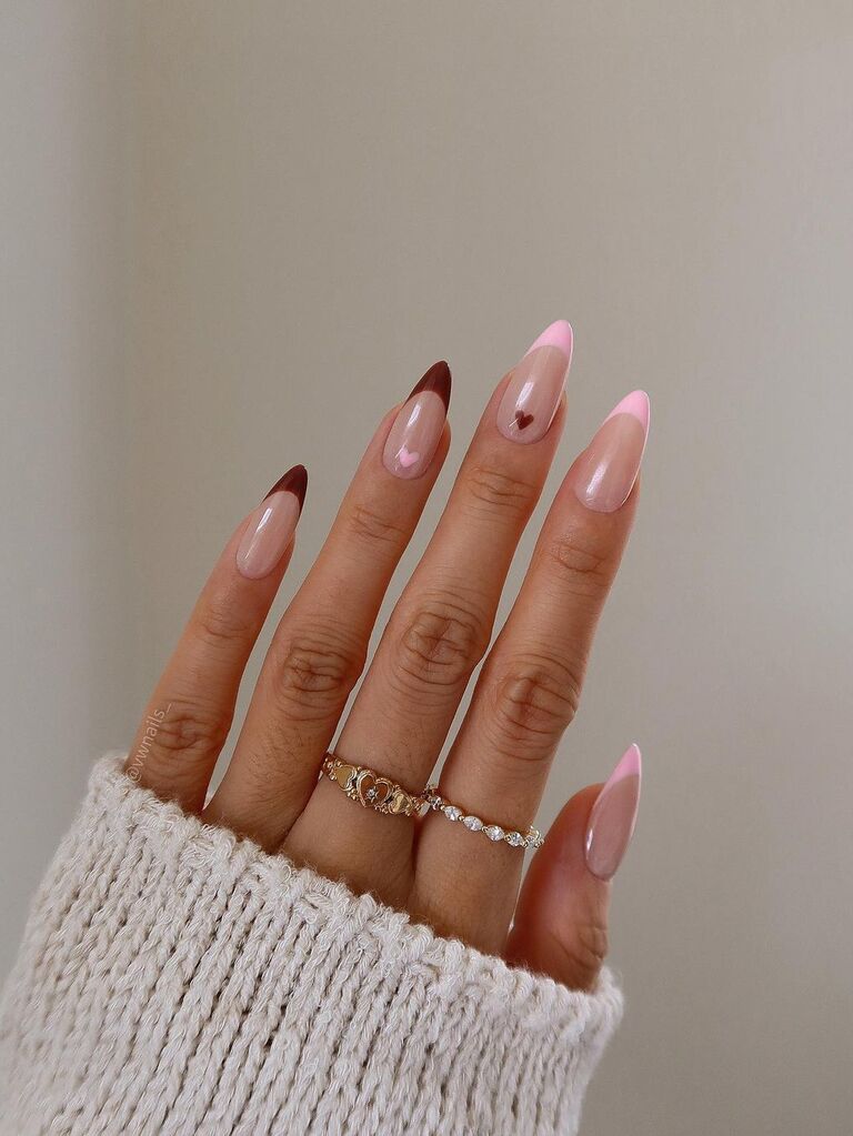 Brown and pink Valentine's Day French tip nails 