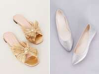 collage of gold and silver wedding flats for the bride