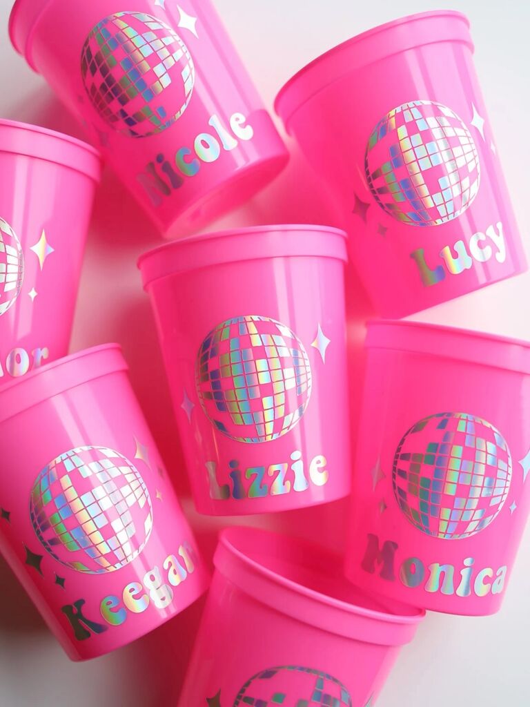 Hot pink iridescent personalized plastic cups