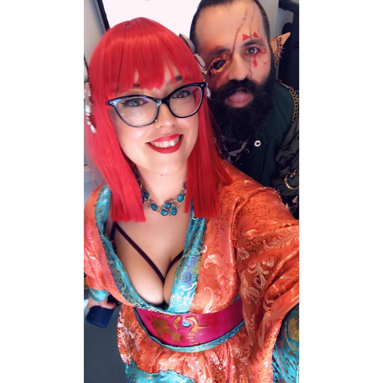 Getting ready to head to Phoenix Fan Fusion in our self-made cosplays (Lizzie as Hylian Mipha; Ron as Viking Link).