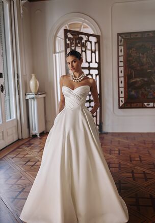 Maeve — asymmetric wrapped corset, A-silhouette voluminous smooth skirt with medium-size trail.