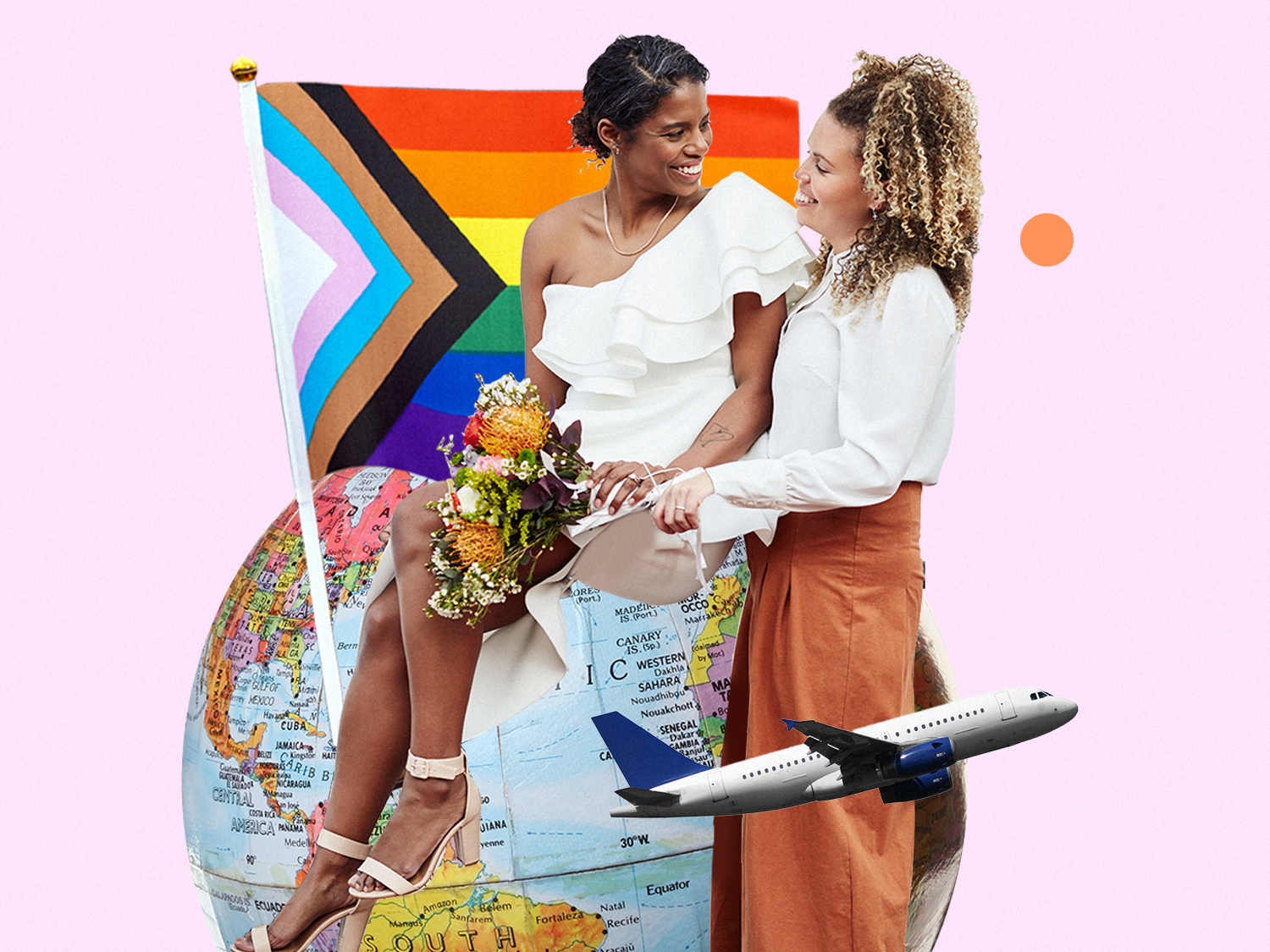 photo collage of couple in front of rainbow flag and map