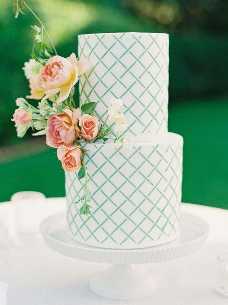 two-tier spring wedding cake with teal lattice design
