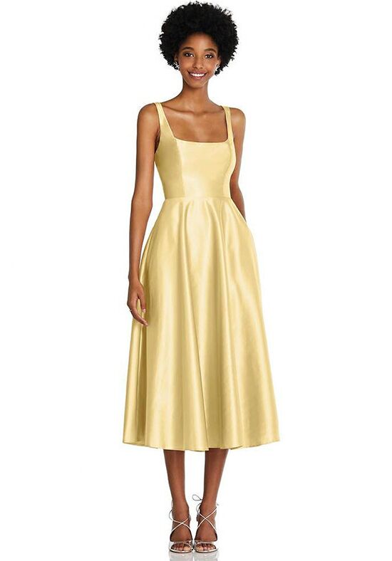 Dessy Group Square Neck Full Skirt Satin Midi Dress with Pockets - TH092  Bridesmaid Dress