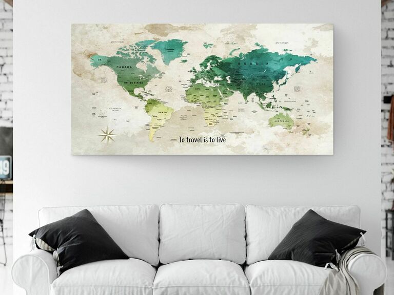 Green and blue world map with pushpins gift for wife