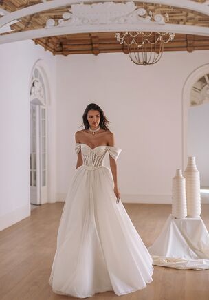 Genesis — guipure-lace corset base turtleneck A-shape dress with long sleeves and semi-transparent detailing on the corset.