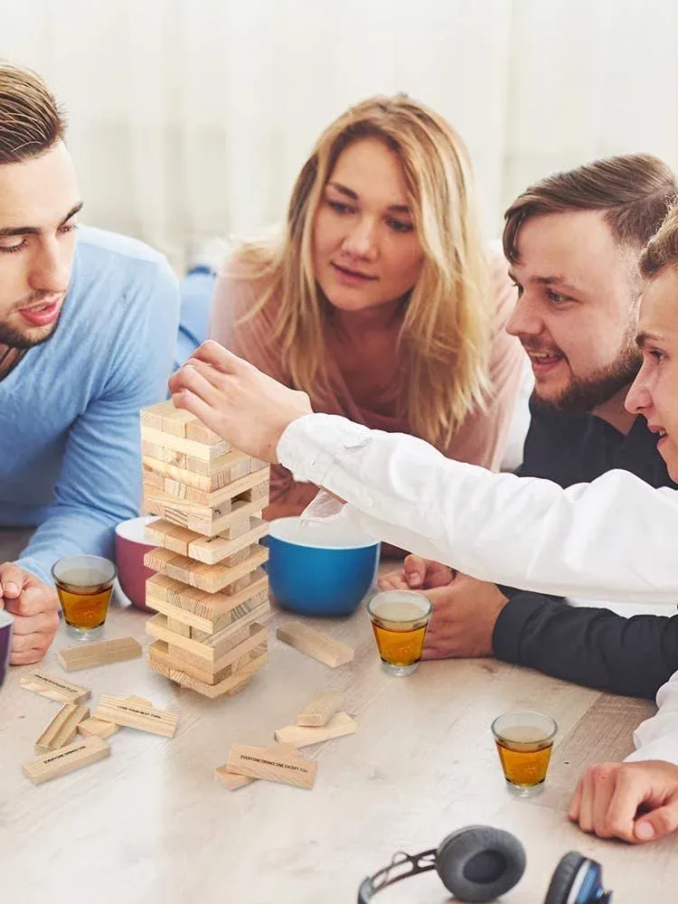 Jenga drinking game with shot glasses for bachelorette party