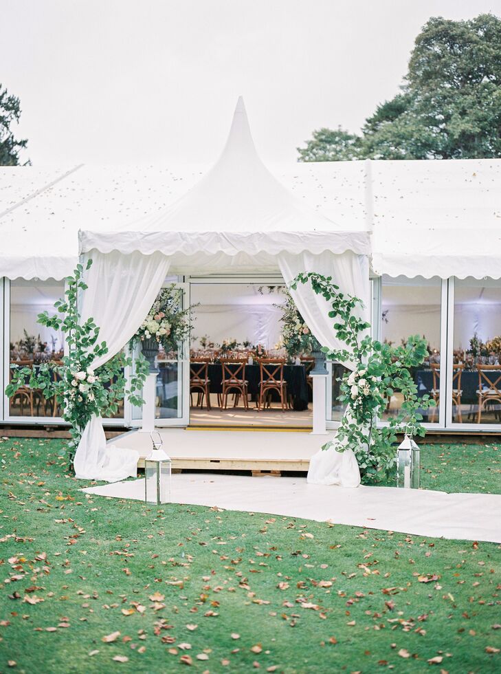 Rose Bush and Lantern-Framed Reception Tent Entrance