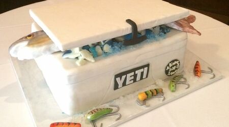 Yeti Cooler shaped grooms cake with cans and logos
