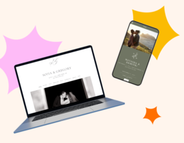 wedding website illustration showing different themes on a laptop and smartphone screen