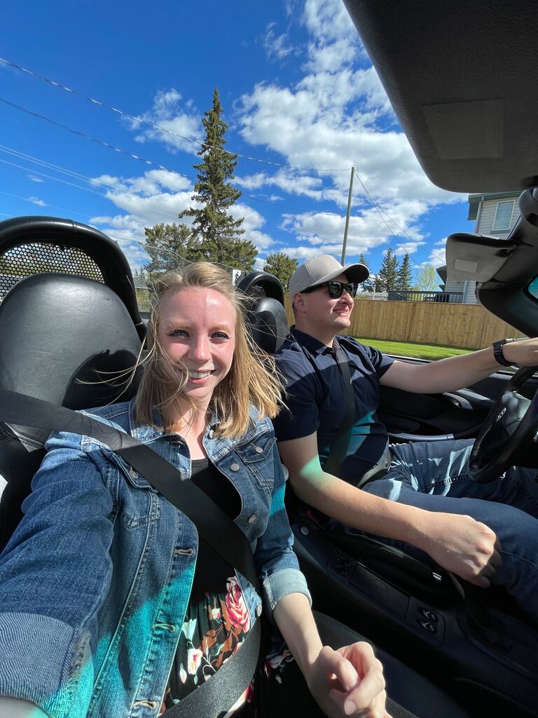 Riding top down is one of our favorite summer activities. Although we must pack lightly, we always have great adventures! I sure hope we were on our way to Marv's for a chocolate malt in this photo...