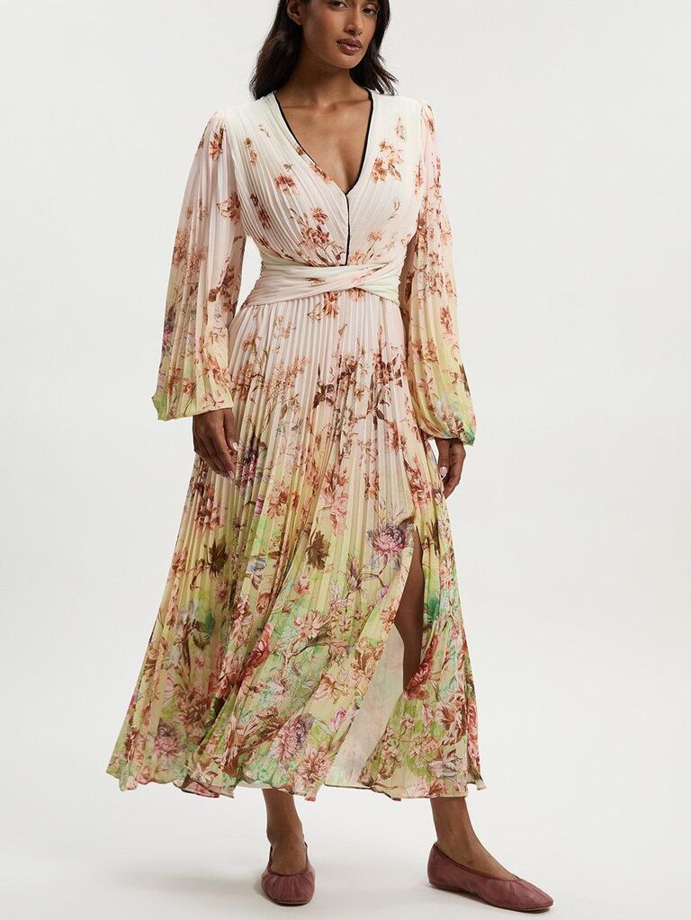 Karen Millen pleated floral midi petite wedding guest dress for over 50s