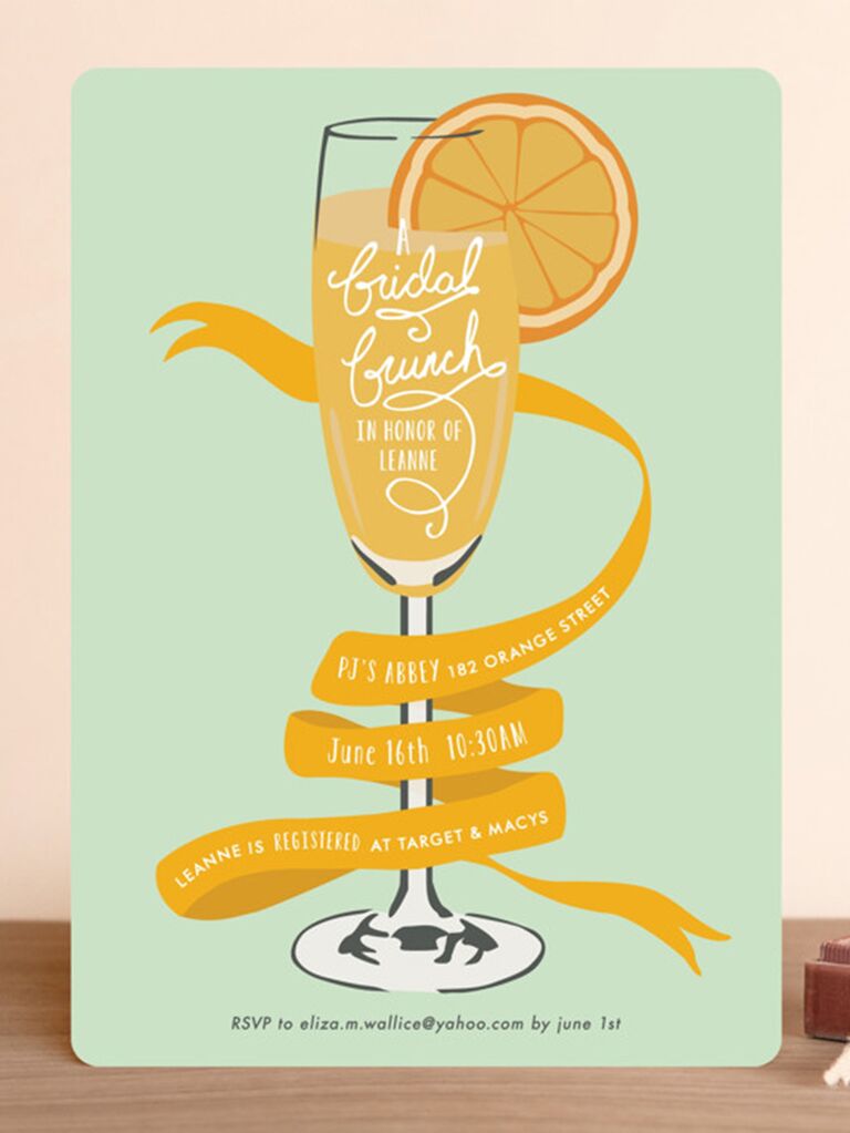 Mimosa and ribbon design in orange on mint background