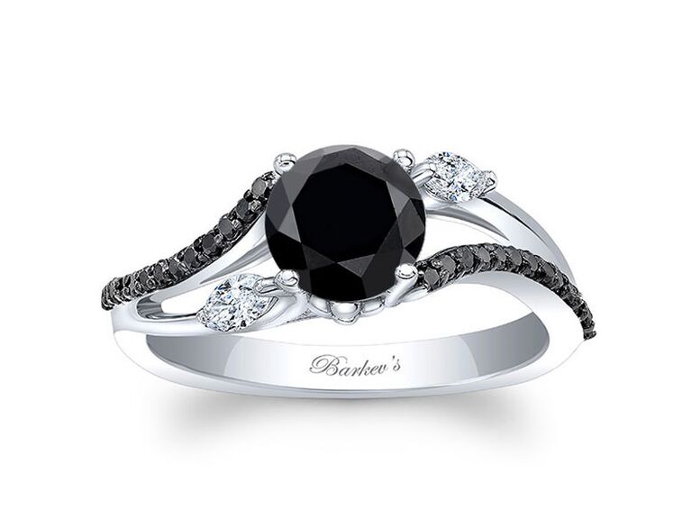 barkev's split shank engagement ring with round black diamond center stone and black and marquise white diamond encrusted white gold band