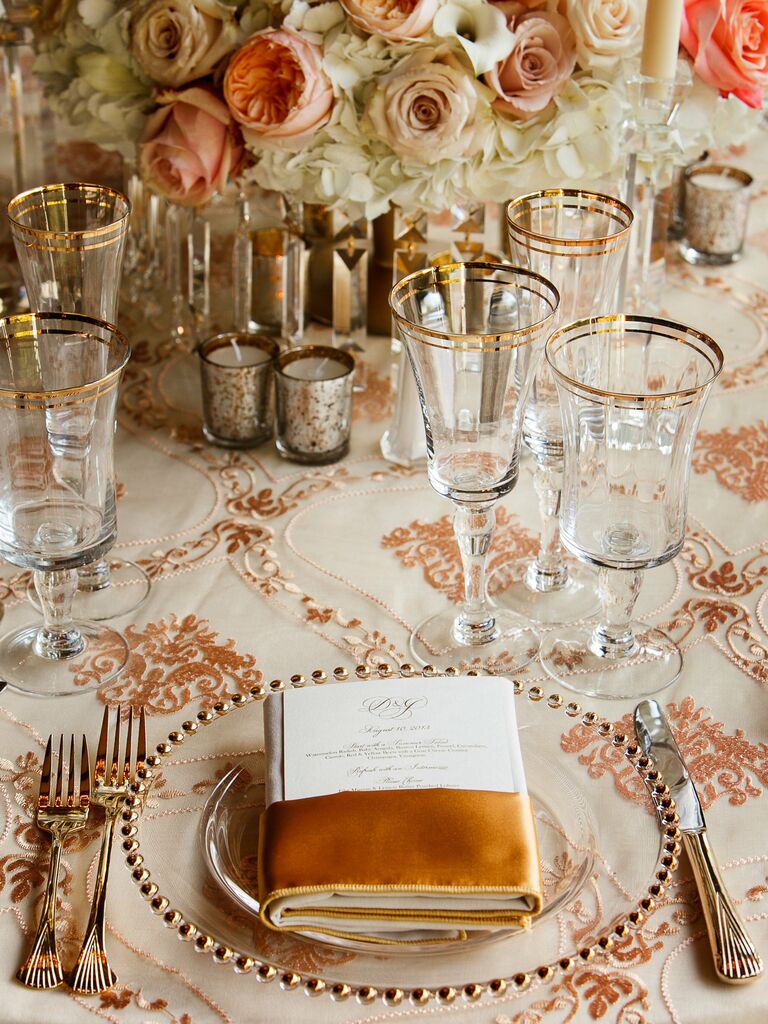 Amber gold and salmon wedding reception decor