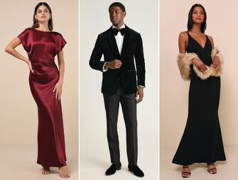 Collage of three winter wedding guest outfits