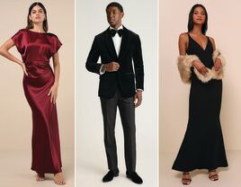 Collage of three winter wedding guest outfits