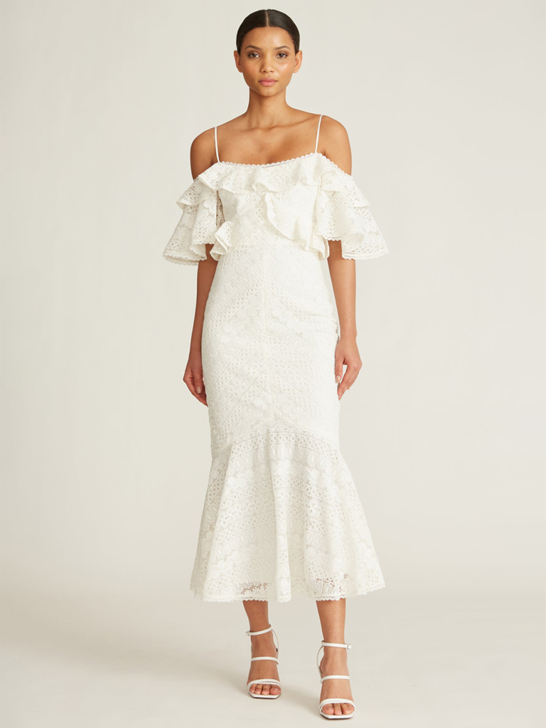 Cold shoulder lace dress with ruffles on sleeves and subtle flare skirt