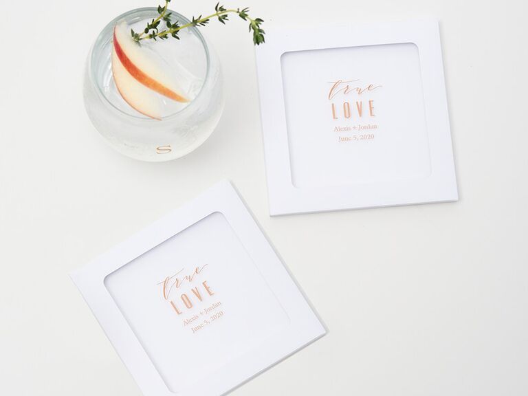 Simple glass coasters with 'True love' in gold type