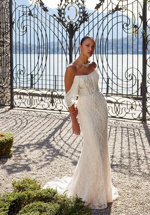 Strapless Allover Beaded and Chantilly Lace Fit and Flare Gown