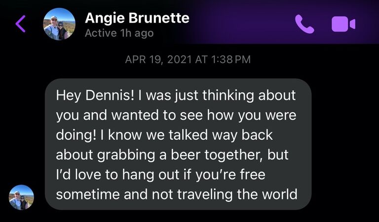 Four years later... Angie takes Dennis up on his offer to go grab a beer!