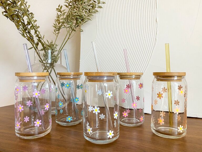 Trendy coffee glasses featuring a floral print bridal shower favor