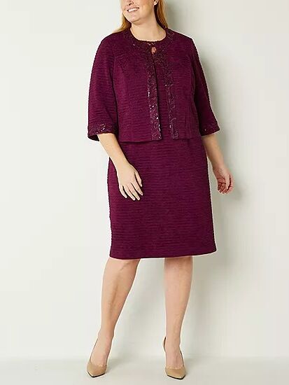 A plum knee-length dress with lace detailed jacket from JCPenney