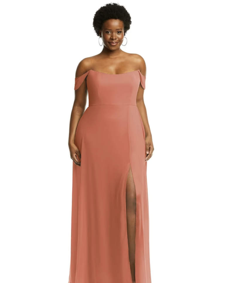 floor length a-line dress with slit and off the shoulder sleeves