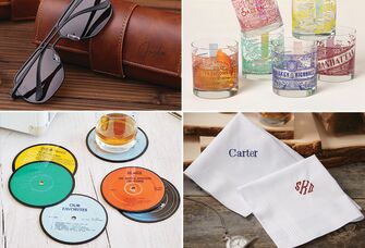 Four groomsman gifts: sunglasses, rocks glasses, pocket squares, music-themed coasters