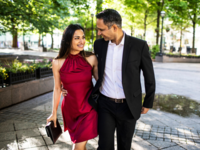 Couple dressed up walking in downtown Atlanta on date