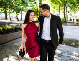 Couple dressed up walking in downtown Atlanta on date