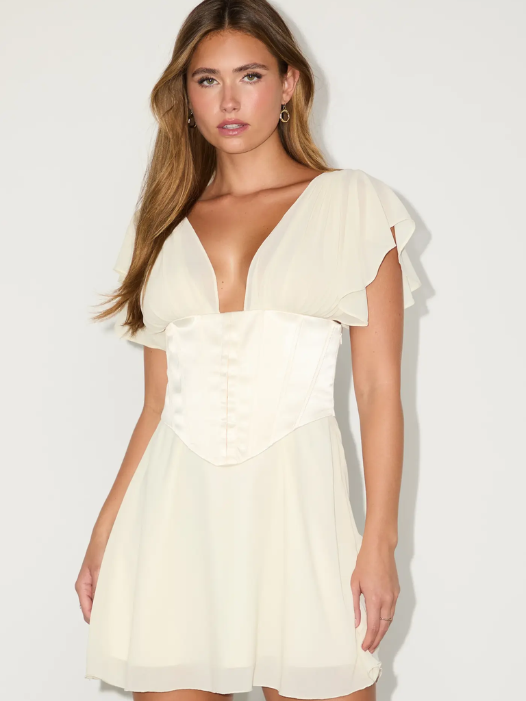 Ivory flutter sleeve corset mini bachelorette dress from Lulus