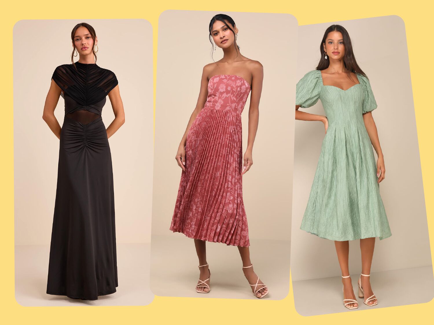 collage of three Lulus wedding guest dresses