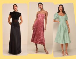 collage of three Lulus wedding guest dresses