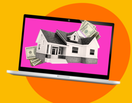 Laptop showing image of house and money