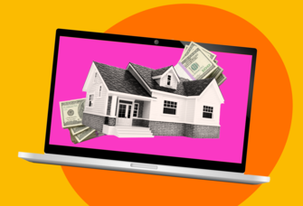 Laptop showing image of house and money