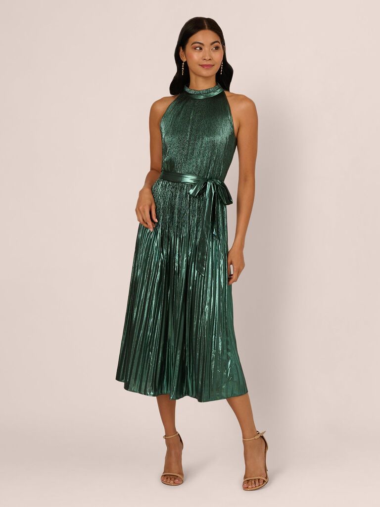 Adrianna Papell halter pleated metallic mother-of-the-bride dress