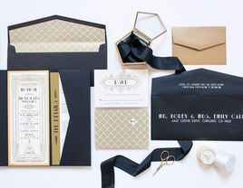 Art Deco gilded design and fonts with gold, black and white color palette