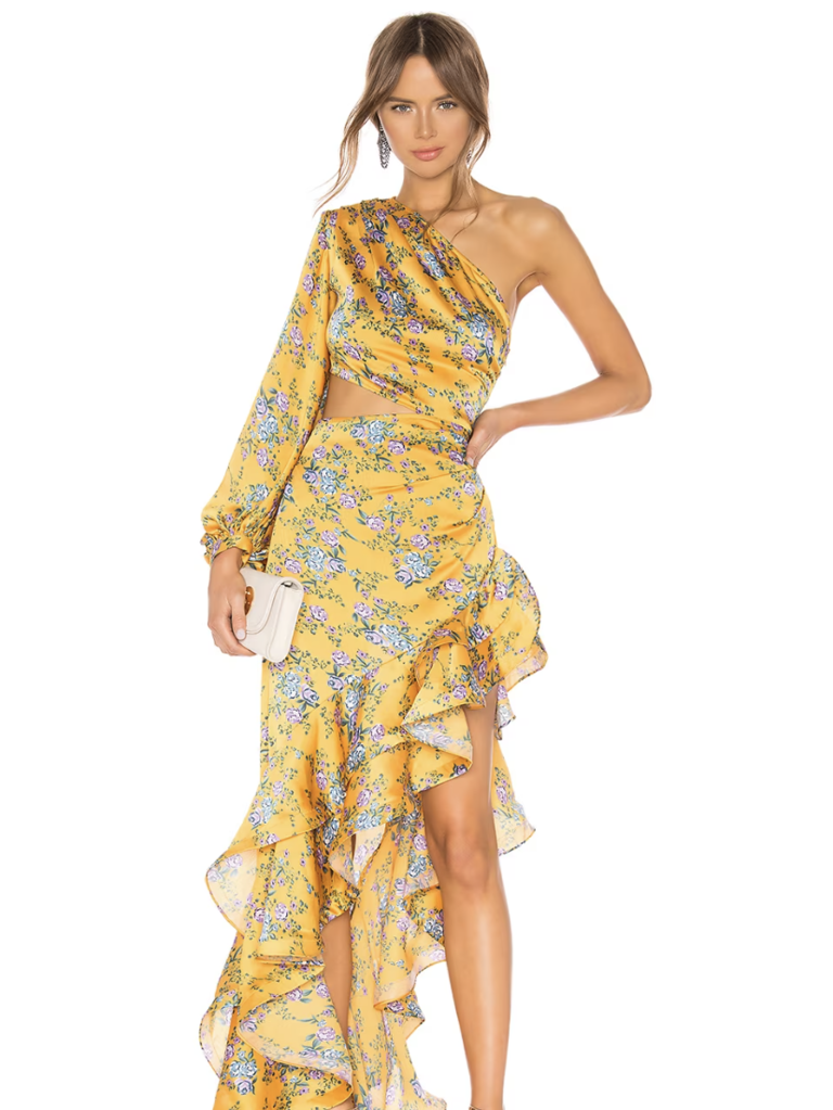 yellow floral dress with asymmetrical hem and one sleeve